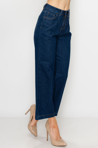 Dark Wash Pleated Wide Leg Jeans