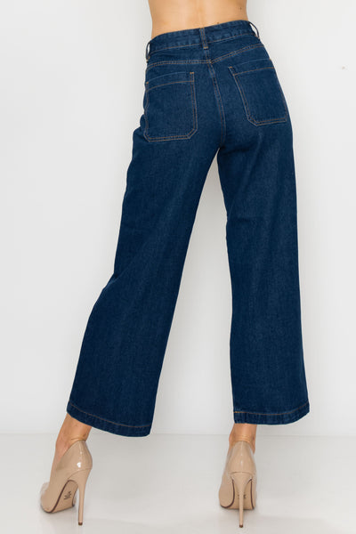Dark Wash Pleated Wide Leg Jeans