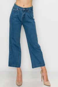 Medium Wash Pleated Wide Leg Jeans