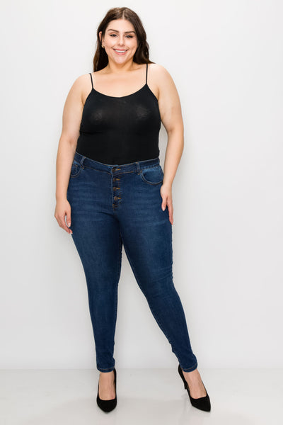 Plus Dark Wash Rayon Button Fly Skinny Jeans