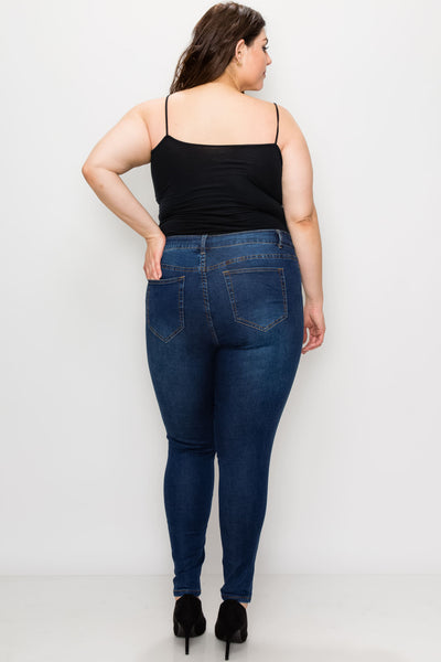 Plus Dark Wash Rayon Button Fly Skinny Jeans