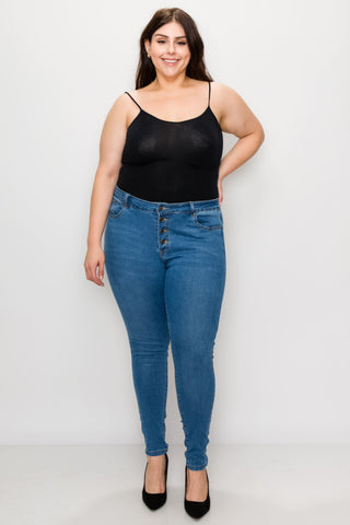 Plus Medium Wash Rayon Button Fly Skinny Jeans
