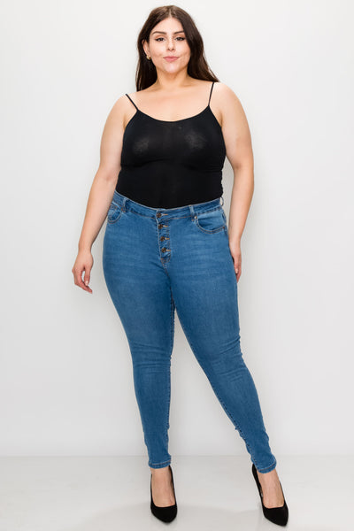 Plus Medium Wash Rayon Button Fly Skinny Jeans