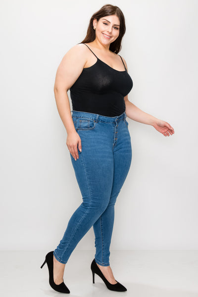 Plus Medium Wash Rayon Button Fly Skinny Jeans