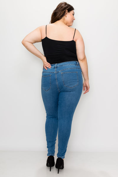 Plus Medium Wash Rayon Button Fly Skinny Jeans