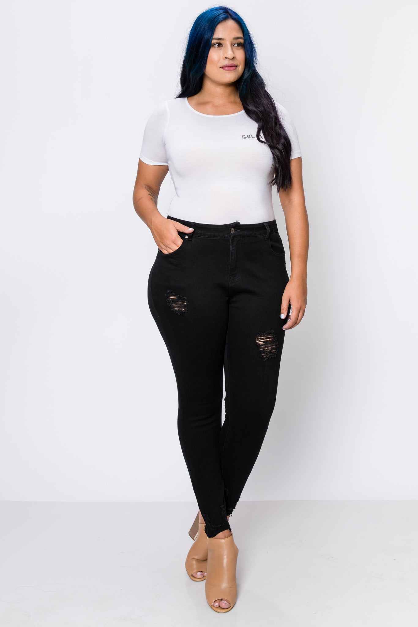 Plus Black Rip Hem Rayon Skinny Jeans