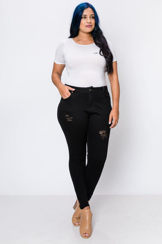 Plus Black Rip Hem Rayon Skinny Jeans
