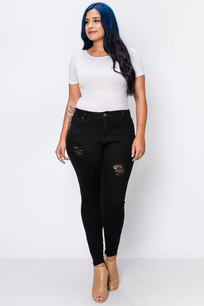 Plus Black Rip Hem Rayon Skinny Jeans