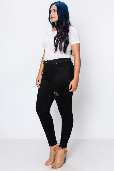 Plus Black Rip Hem Rayon Skinny Jeans