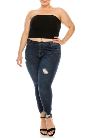 Plus Dark Wash Rayon Ripped Hem Skinny Jeans