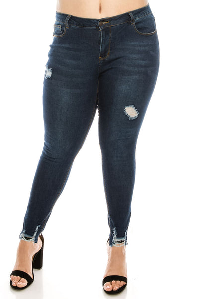 Plus Dark Wash Rayon Ripped Hem Skinny Jeans
