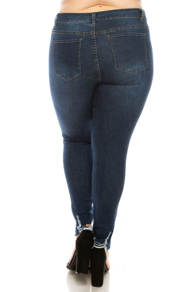 Plus Dark Wash Rayon Ripped Hem Skinny Jeans