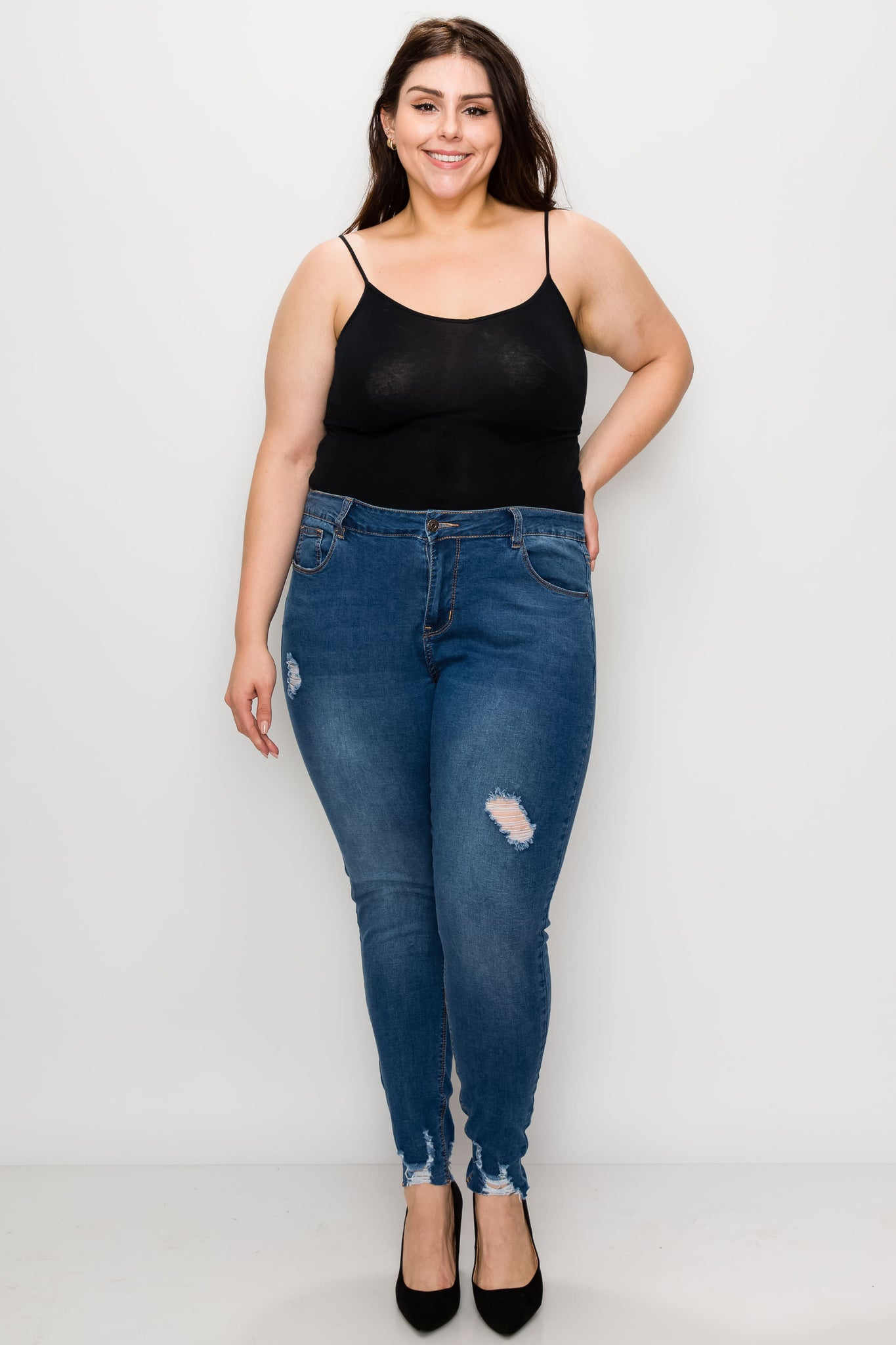 Plus Medium Wash Rayon Ripped Hem Skinny Jeans