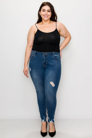 Plus Medium Wash Rayon Ripped Hem Skinny Jeans