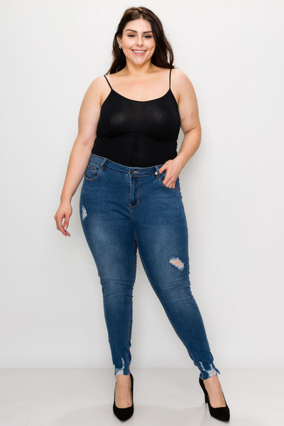Plus Medium Wash Rayon Ripped Hem Skinny Jeans