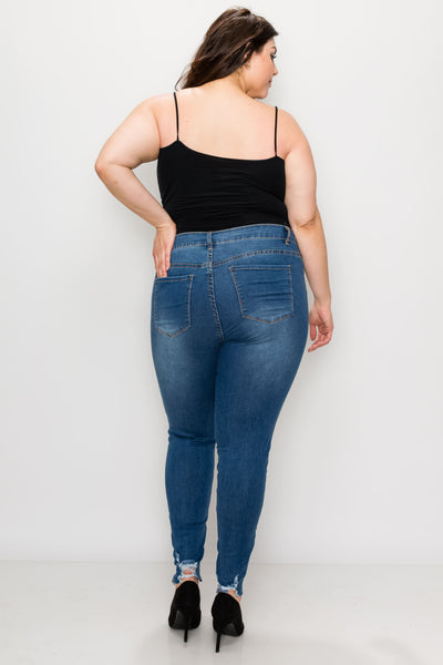 Plus Medium Wash Rayon Ripped Hem Skinny Jeans