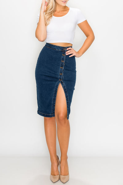Dark Wash Side-Button Midi Skirts