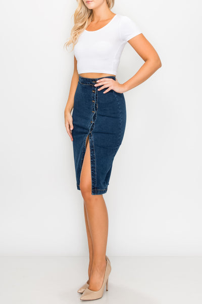 Dark Wash Side-Button Midi Skirts