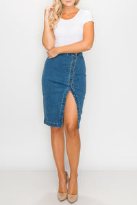 Medium Wash Side-Button Midi Skirts