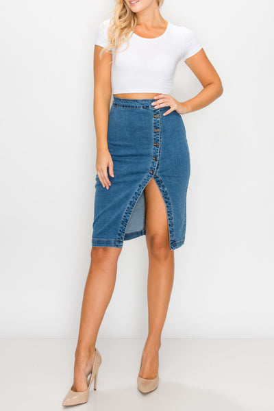 Medium Wash Side-Button Midi Skirts