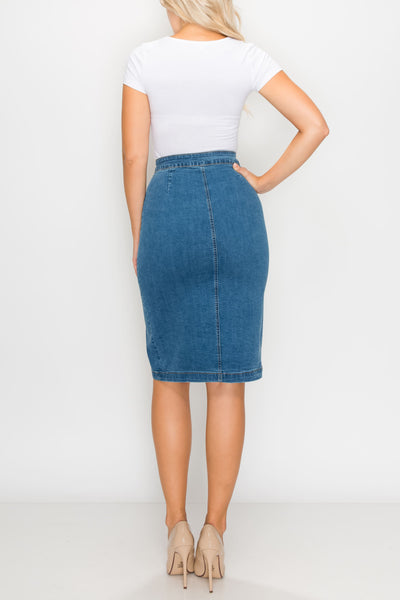 Medium Wash Side-Button Midi Skirts