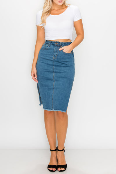 Medium Wash Side Slit Midi Skirts