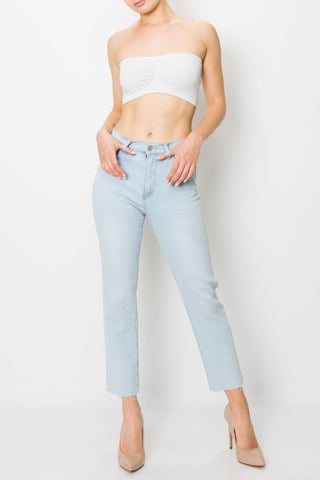 Light Wash Raw Cut Hem Mom Jeans