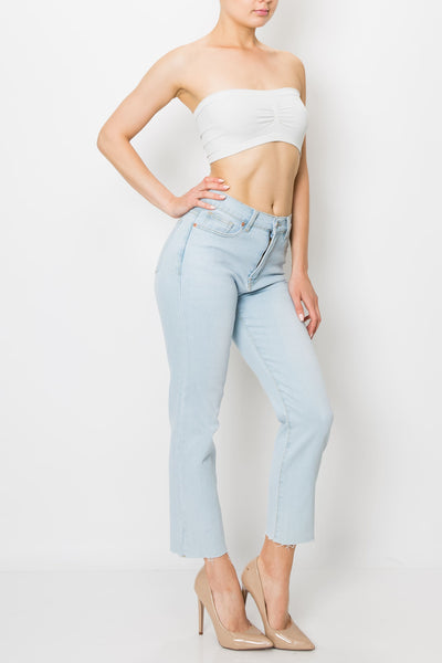 Light Wash Raw Cut Hem Mom Jeans