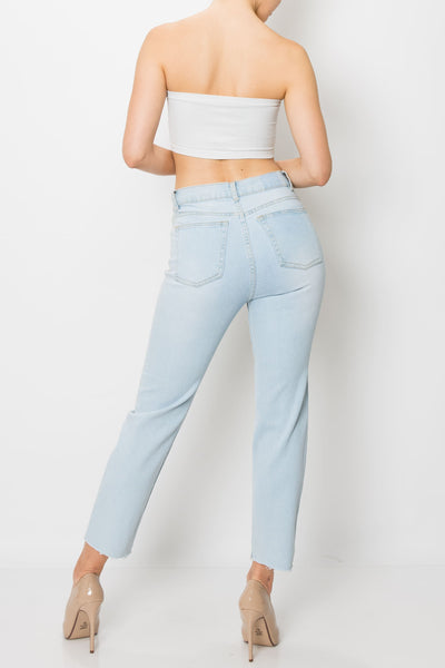 Light Wash Raw Cut Hem Mom Jeans