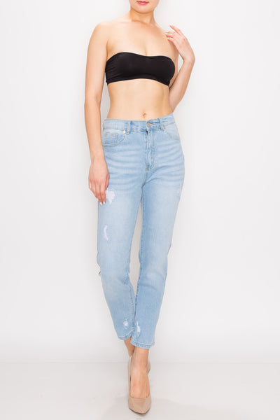 Light Wash Ripped Tapered Leg Straight Jeans