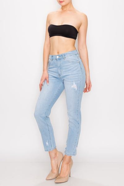 Light Wash Ripped Tapered Leg Straight Jeans