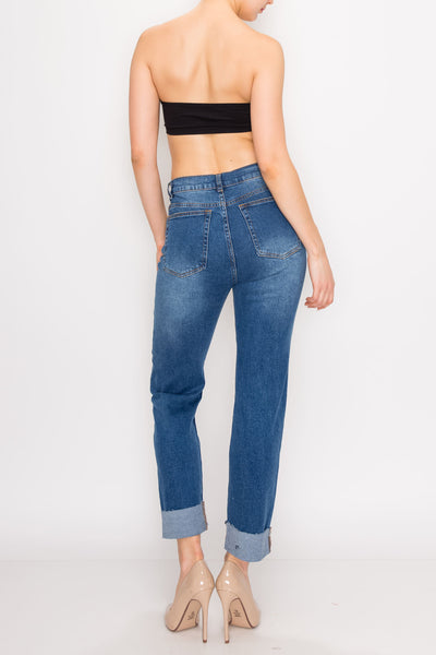 Medium Wash Roll Up Straight Leg Jeans
