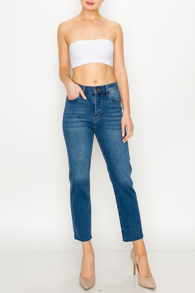 Medium Wash Raw Cut Hem Straight Jeans