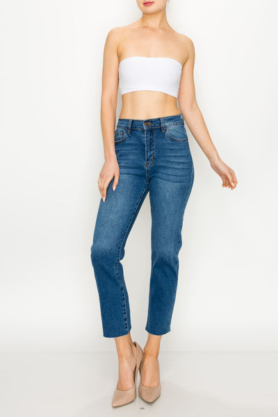 Medium Wash Raw Cut Hem Straight Jeans