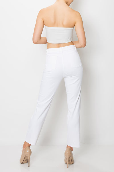 White Raw Cut Hem Straight Jeans