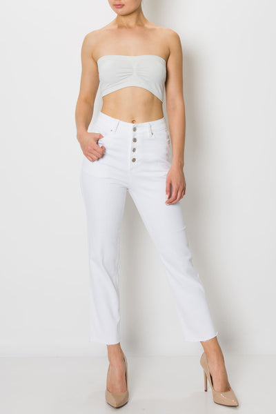 White Button Fly Straight Jeans
