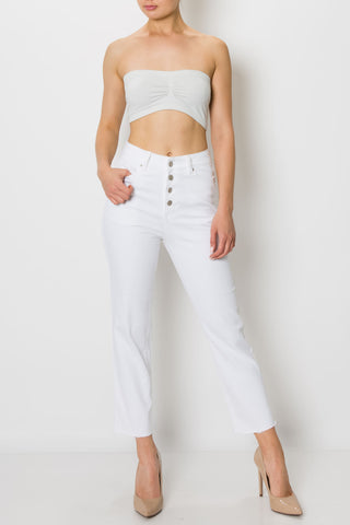 White Button Fly Straight Jeans
