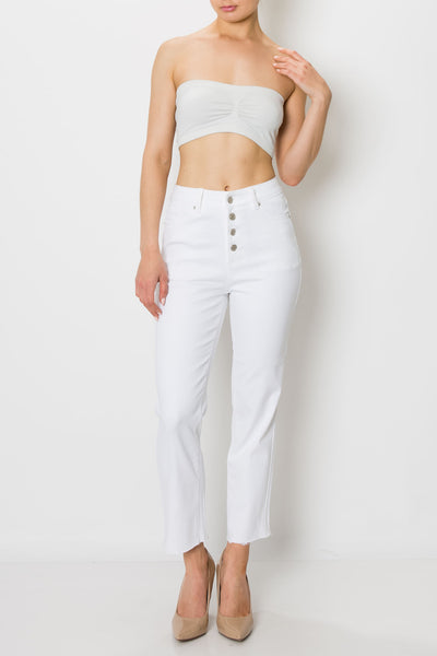 White Button Fly Straight Jeans