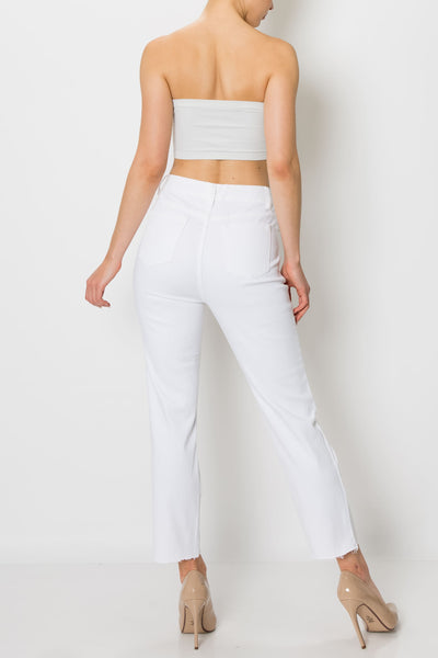 White Button Fly Straight Jeans