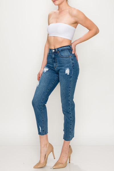 Medium Wash Ripped Straight Jeans