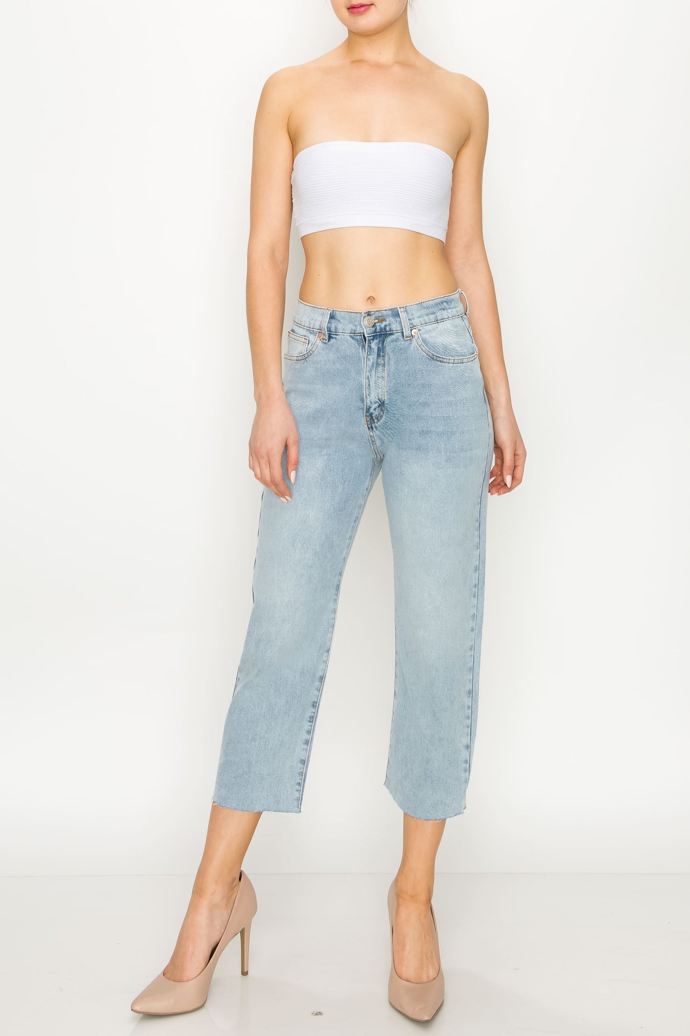 Acid Light Wash Raw Cut Hem Wide Leg Jeans