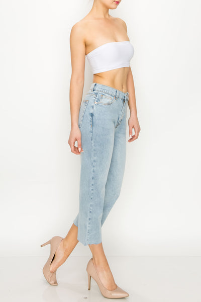 Acid Light Wash Raw Cut Hem Wide Leg Jeans