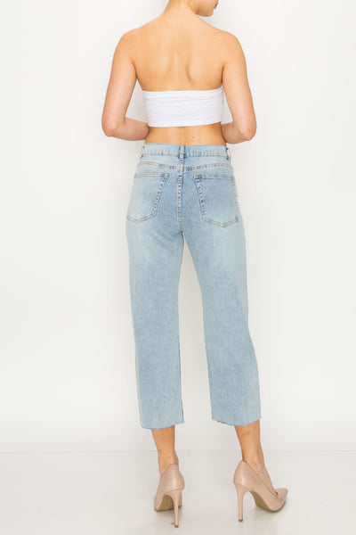 Acid Light Wash Raw Cut Hem Wide Leg Jeans