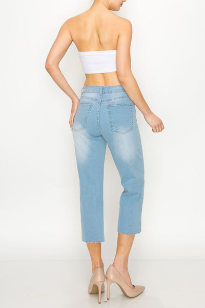 Light Wash Raw Cut Hem Wide Leg Jeans