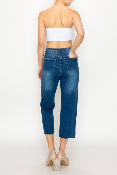 Medium Wash Raw Cut Hem Wide Leg Jeans
