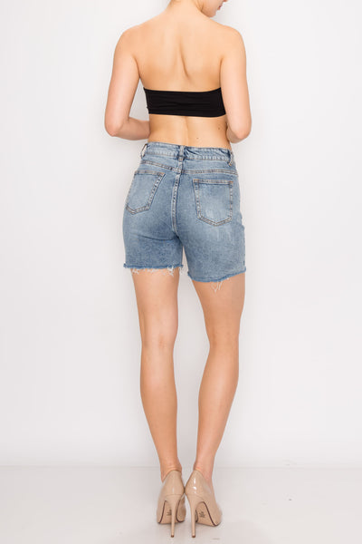 Medium Wash Rip Raw Hem Denim Shorts