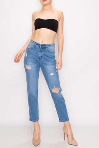 Medium Wash Rip Straight Leg Boyfriend Jeans