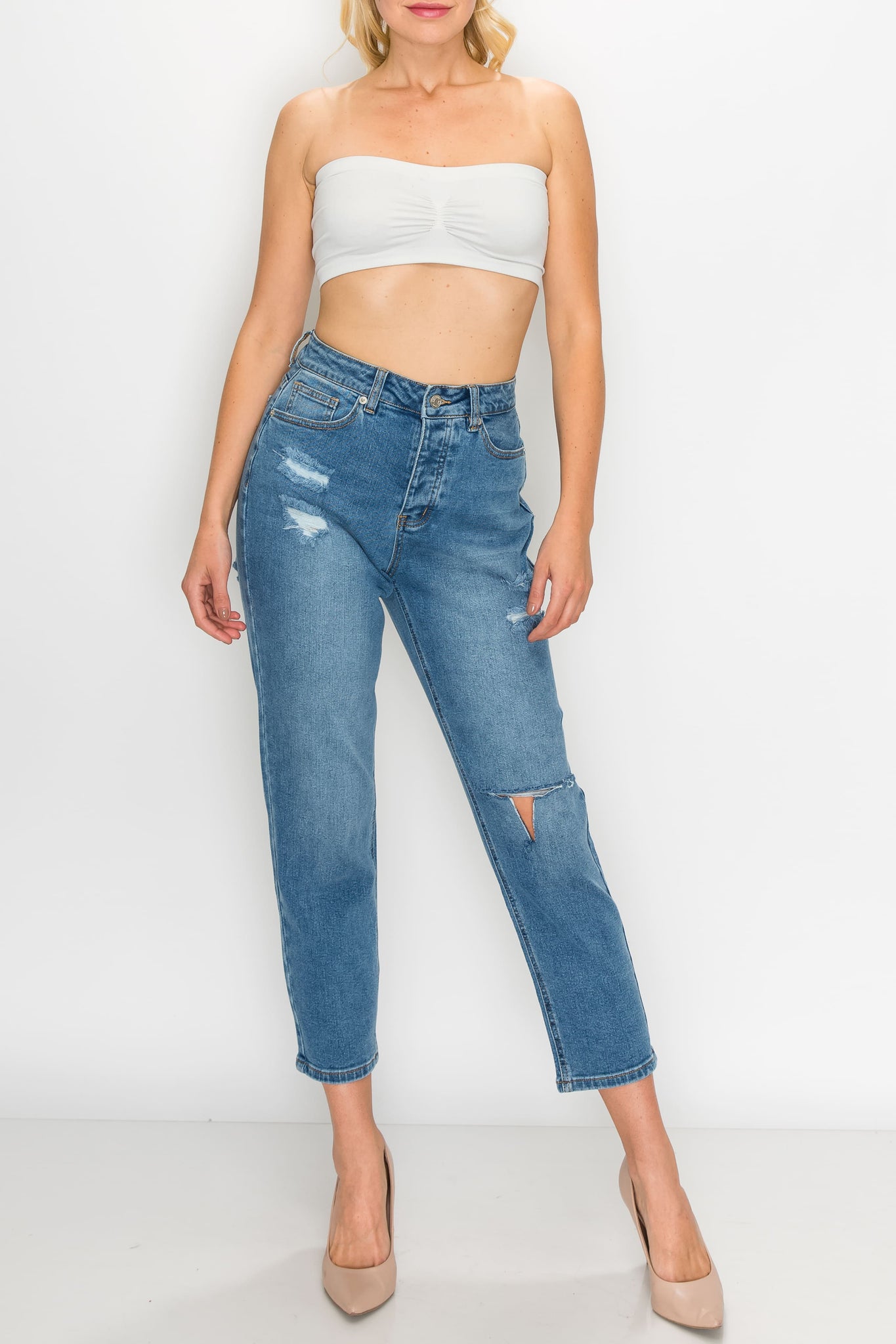 Medium Wash Knee Cut Straight Jeans