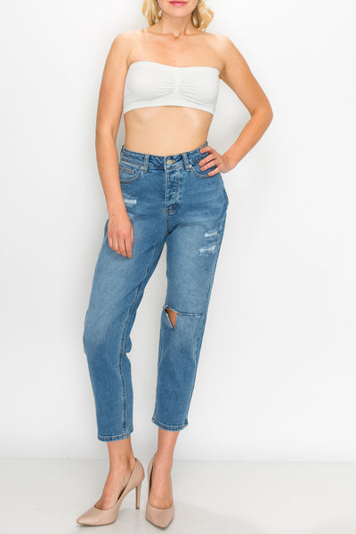 Medium Wash Knee Cut Straight Jeans