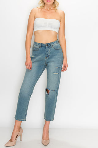 Vintage Wash Knee Cut Straight Jeans